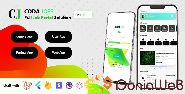 CodaJobs - Job Portal Full Solution with User and Partner (Company) Flutter App, Web and Admin Panel
