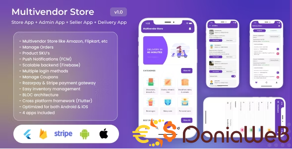 Multivendor Store (Amazon, Flipkart, Walmart) with Seller App, Admin App and Delivery App (4 Apps)