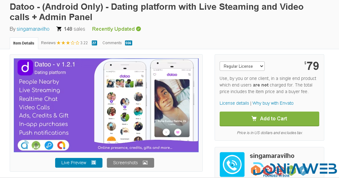 Datoo v1.2.1 - (Android Only) - Dating platform with Live Steaming and Video calls + Admin Panel