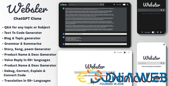 Webster - ChatGPT Clone Text to Code Q&A Blog Generator Grammar Summarise Translate SEO Page Builder