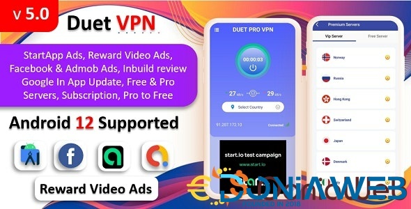 Duet Pro VPN App | Secure VPN App & Fast VPN | Subscription | StartApp Ads | Facebook & Admob Ads