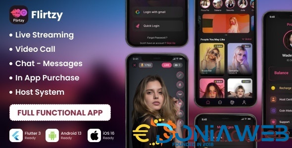 Flirtzy - Live streaming, Video Call, Chat, Host | Android | iOS | Node JS | React JS with Backend