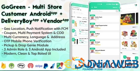 GoGreen - Food, Grocery, Pharmacy Multi Store(Vendor) Android App with Interactive Admin Panel