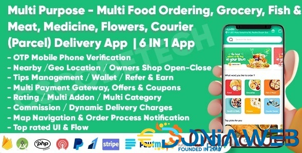 Multi Purpose - Food, Grocery, Fish-Meat, Pharmacy, Flower, Courier(Parcel) Delivery | 6 IN 1 Apps