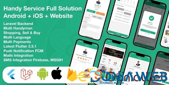 Flutter Handy service - On-Demand Home Services & Shopping Android+iOS+Website Full Solution Laravel