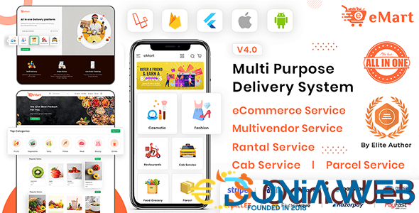 eMart | Multivendor Food, eCommerce, Parcel, Taxi booking, Car Rental App with Admin and Website