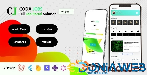 CodaJobs - Job Portal Full Solution with User and Partner (Company) Flutter App, Web and Admin Panel