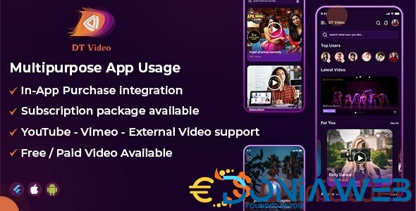 DTVideo- Flutter Multipurpose All In One Videos App ( Android + ios) Admin panel