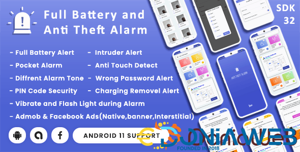 Full Battery and Anti Theft Alarm with Pocket Alert, Intruder & Wrong Password Alert(android11)