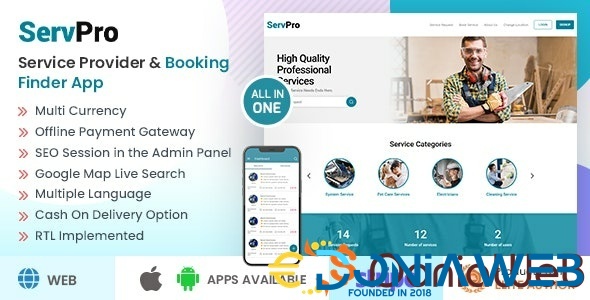 SERVPRO – On Demand Nearby Service Provider & Booking Finder Application Software (Web+Android+iOS)