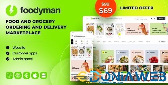 Foodyman - Multi-Restaurant Food and Grocery Ordering and Delivery Marketplace (Web & Customer Apps)