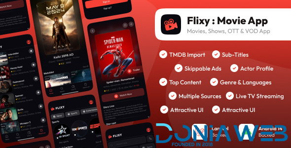 Flixy : Movie App : Series,Live TV, Video Streaming App, Netflix Clone : Android/Laravel