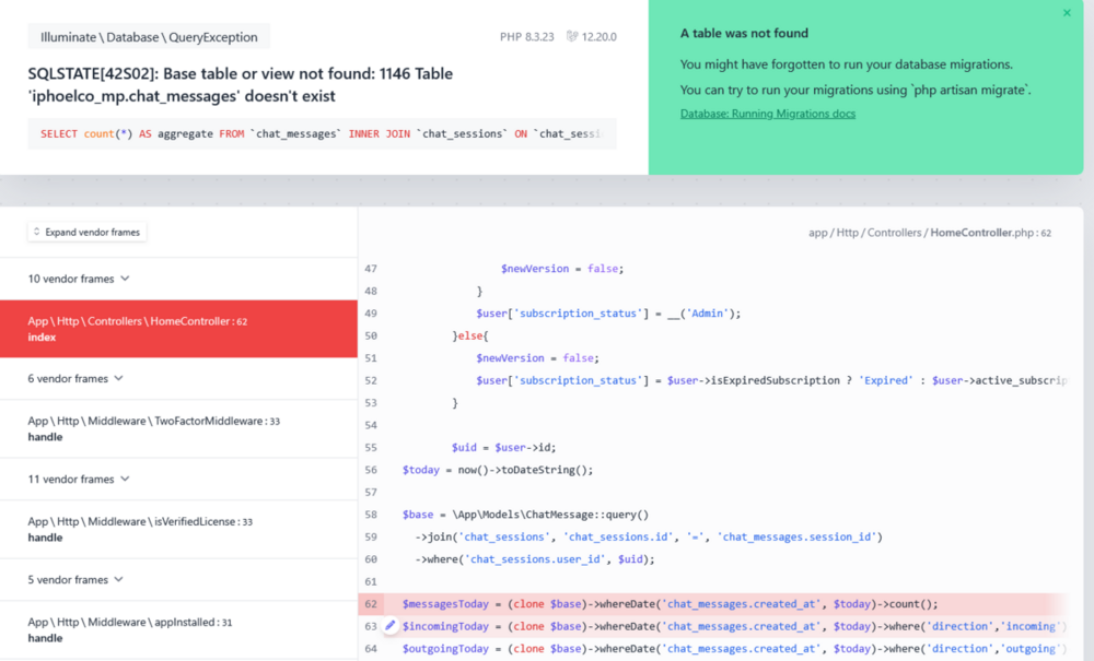Screenshot 2025-08-16 at 02-12-53 SQLSTATE 42S02 Base table or view not found 1146 Table 'iphoelco_mp.chat_messages' doesn't exist (Connection mysql SQL select count( ) as aggregate from `chat_messages` inner join `chat_ses[...].png